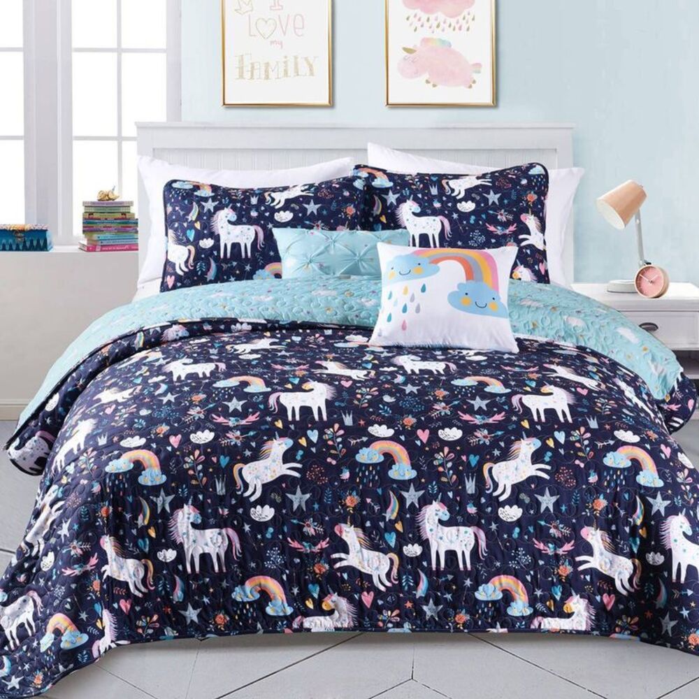 Lush Decor - 5pc Full/Queen Kids' Reversible Unicorn Heart Bedd Navy